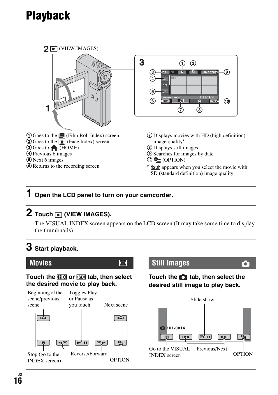 Playback, Movies, Still images | Sony HDR-TG1 User Manual | Page 16 / 76