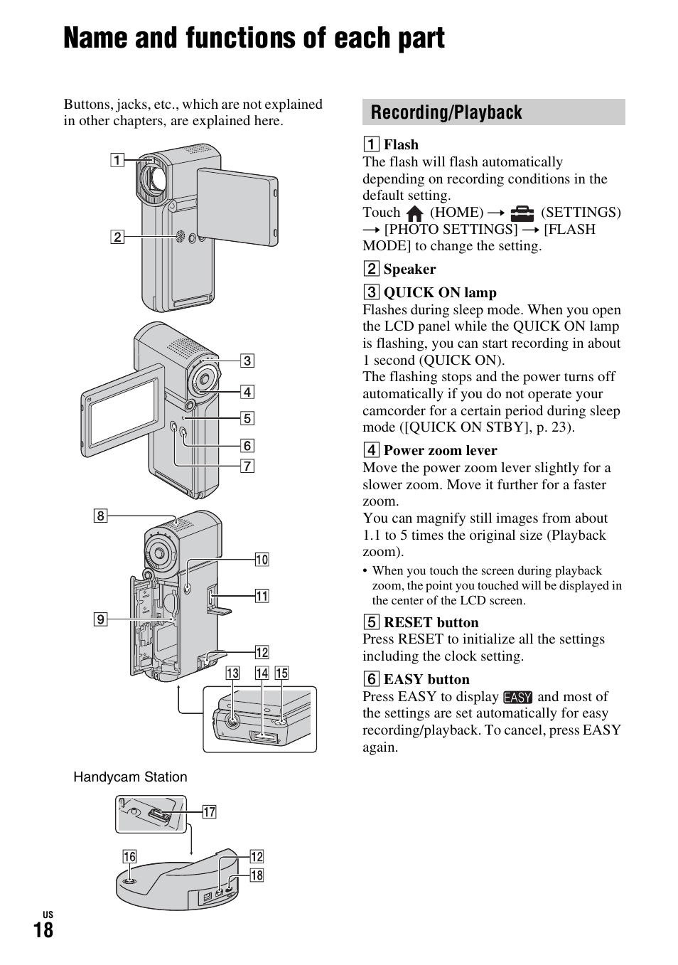 Name and functions of each part, Recording/playback | Sony HDR-TG1 User Manual | Page 18 / 76