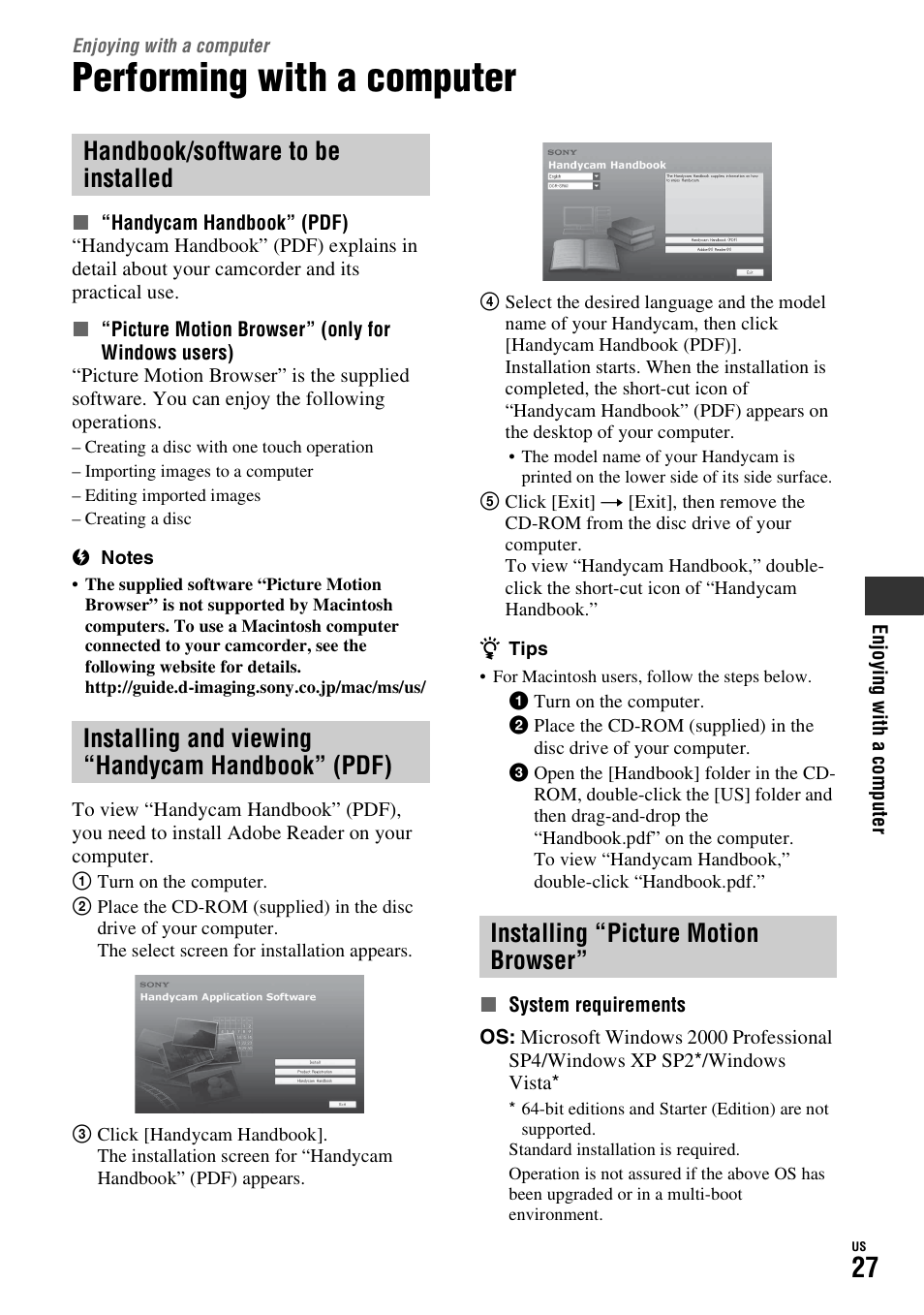 Enjoying with a computer, Performing with a computer, Installing and viewing “handycam handbook” (pdf) | Installing “picture motion browser, Installing and viewing “handycam, Handbook” (pdf) | Sony HDR-TG1 User Manual | Page 27 / 76