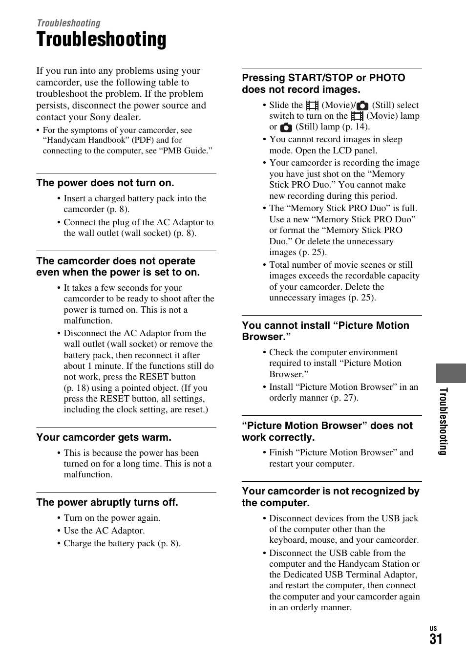 Troubleshooting | Sony HDR-TG1 User Manual | Page 31 / 76