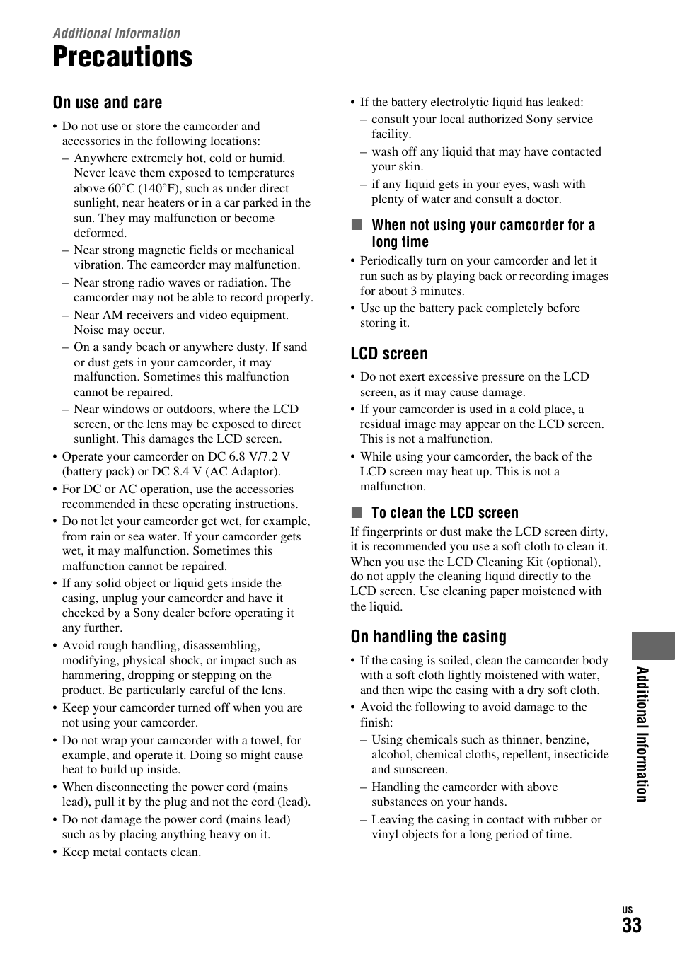 Additional information, Precautions, Ee “precautions” (p. 33) | On use and care, Lcd screen, On handling the casing | Sony HDR-TG1 User Manual | Page 33 / 76