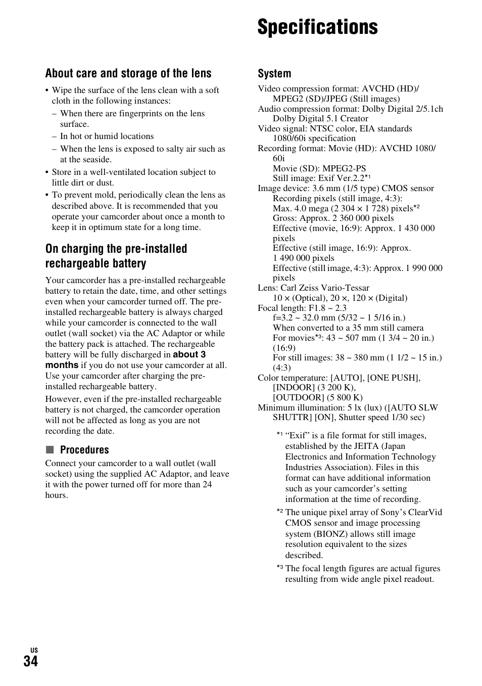 Specifications, About care and storage of the lens, On charging the pre-installed rechargeable battery | System | Sony HDR-TG1 User Manual | Page 34 / 76