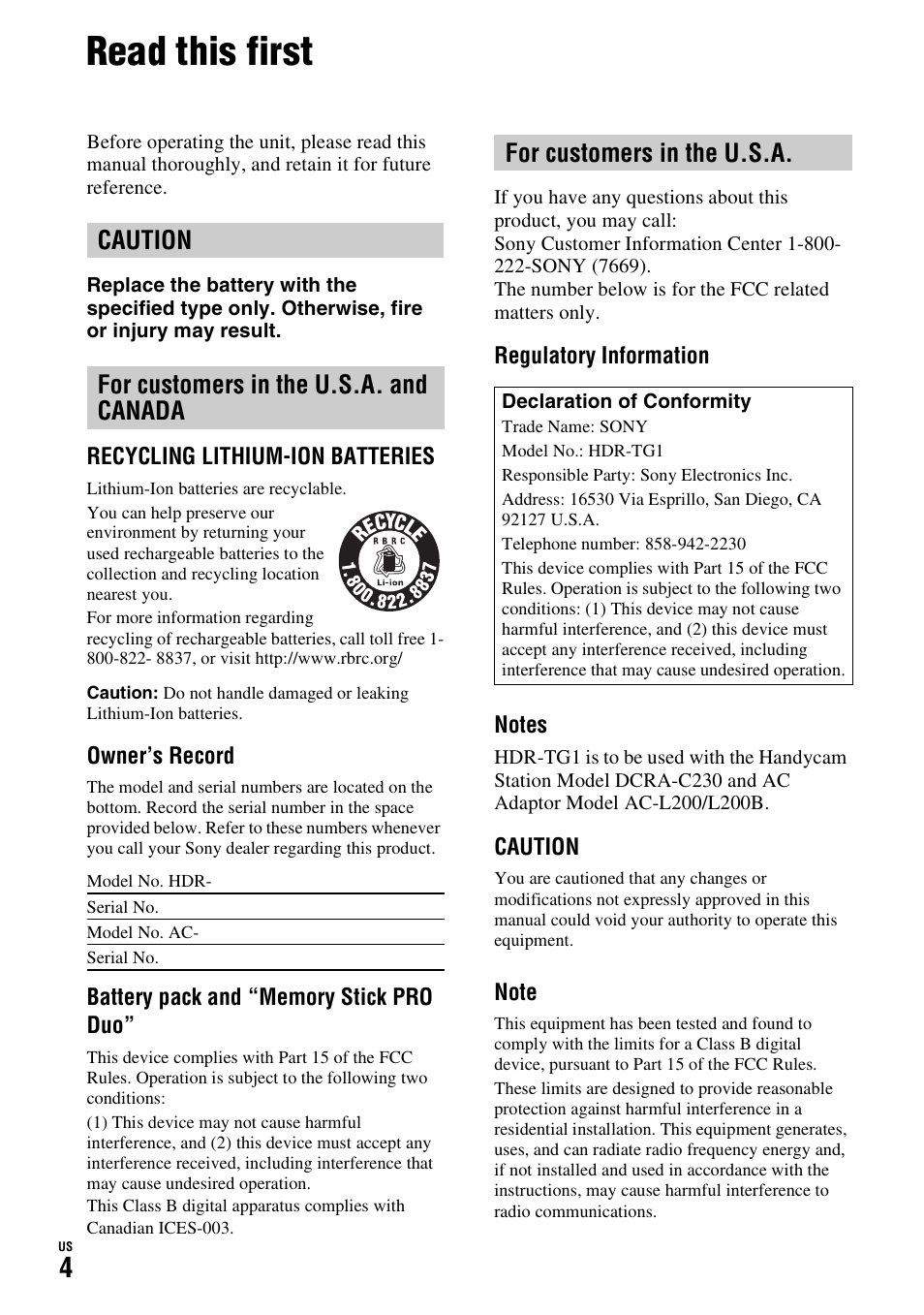 Read this first, Caution for customers in the u.s.a. and canada, For customers in the u.s.a | Sony HDR-TG1 User Manual | Page 4 / 76