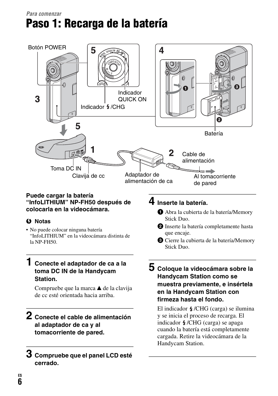 Para comenzar, Paso 1: recarga de la batería, Pág. 6) | Sony HDR-TG1 User Manual | Page 42 / 76