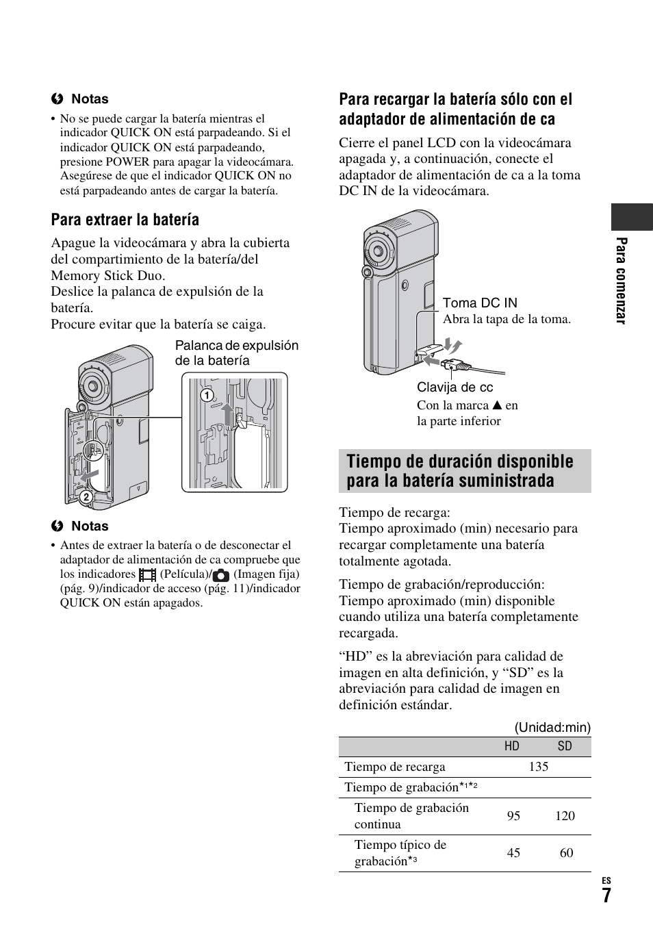 Para extraer la batería | Sony HDR-TG1 User Manual | Page 43 / 76