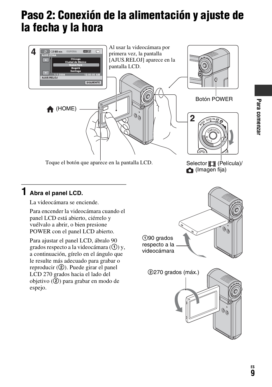 Pág. 9), Paso 2: conexión de la alimentación, Y ajuste de la fecha y la hora | Sony HDR-TG1 User Manual | Page 45 / 76