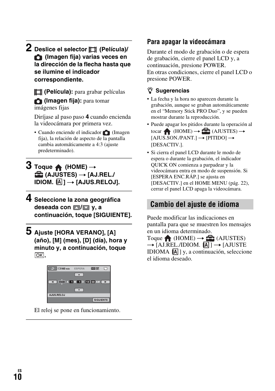 Cambio del ajuste de idioma | Sony HDR-TG1 User Manual | Page 46 / 76