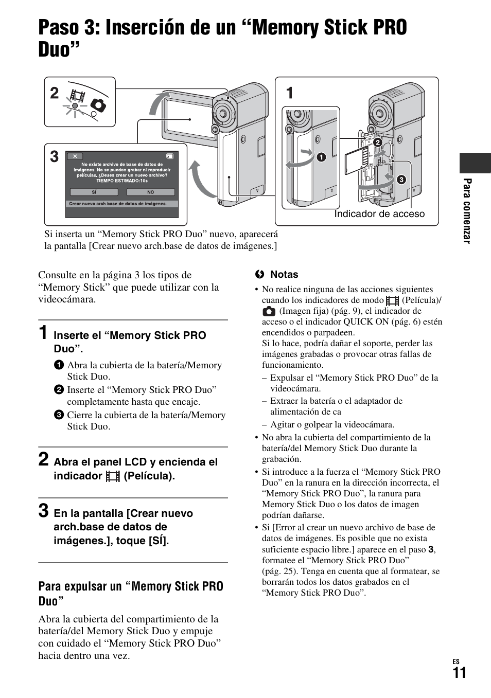 Paso 3: inserción de un “memory stick pro duo, Pág. 11), Paso 3: inserción de un “memory | Stick pro duo | Sony HDR-TG1 User Manual | Page 47 / 76