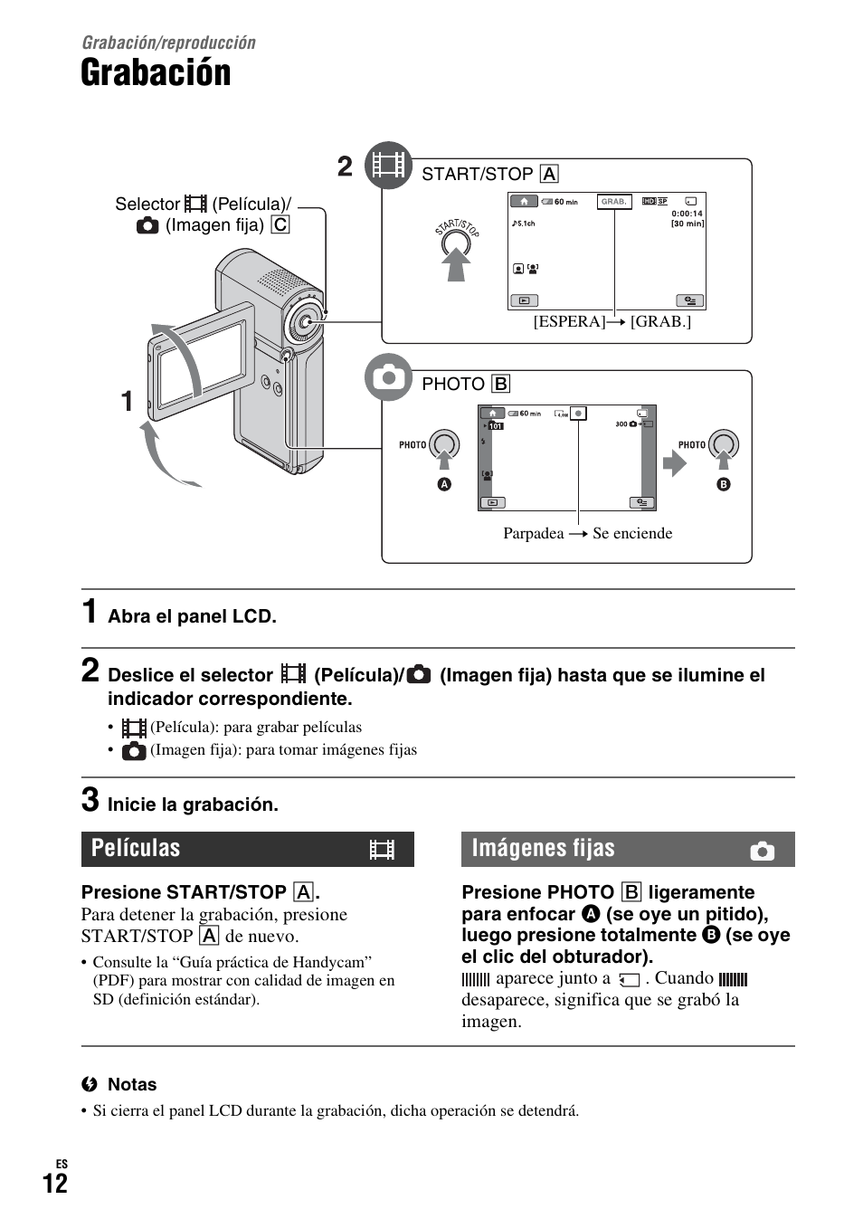 Grabación/reproducción, Grabación, Películas imágenes fijas | Sony HDR-TG1 User Manual | Page 48 / 76