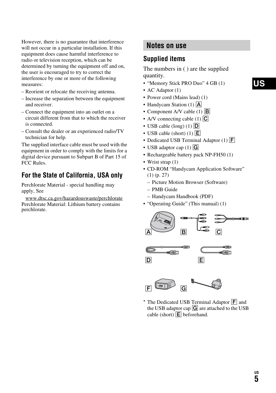 For the state of california, usa only, Supplied items | Sony HDR-TG1 User Manual | Page 5 / 76