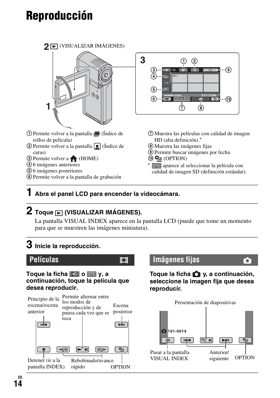 Reproducción, Películas, Imágenes fijas | Sony HDR-TG1 User Manual | Page 50 / 76