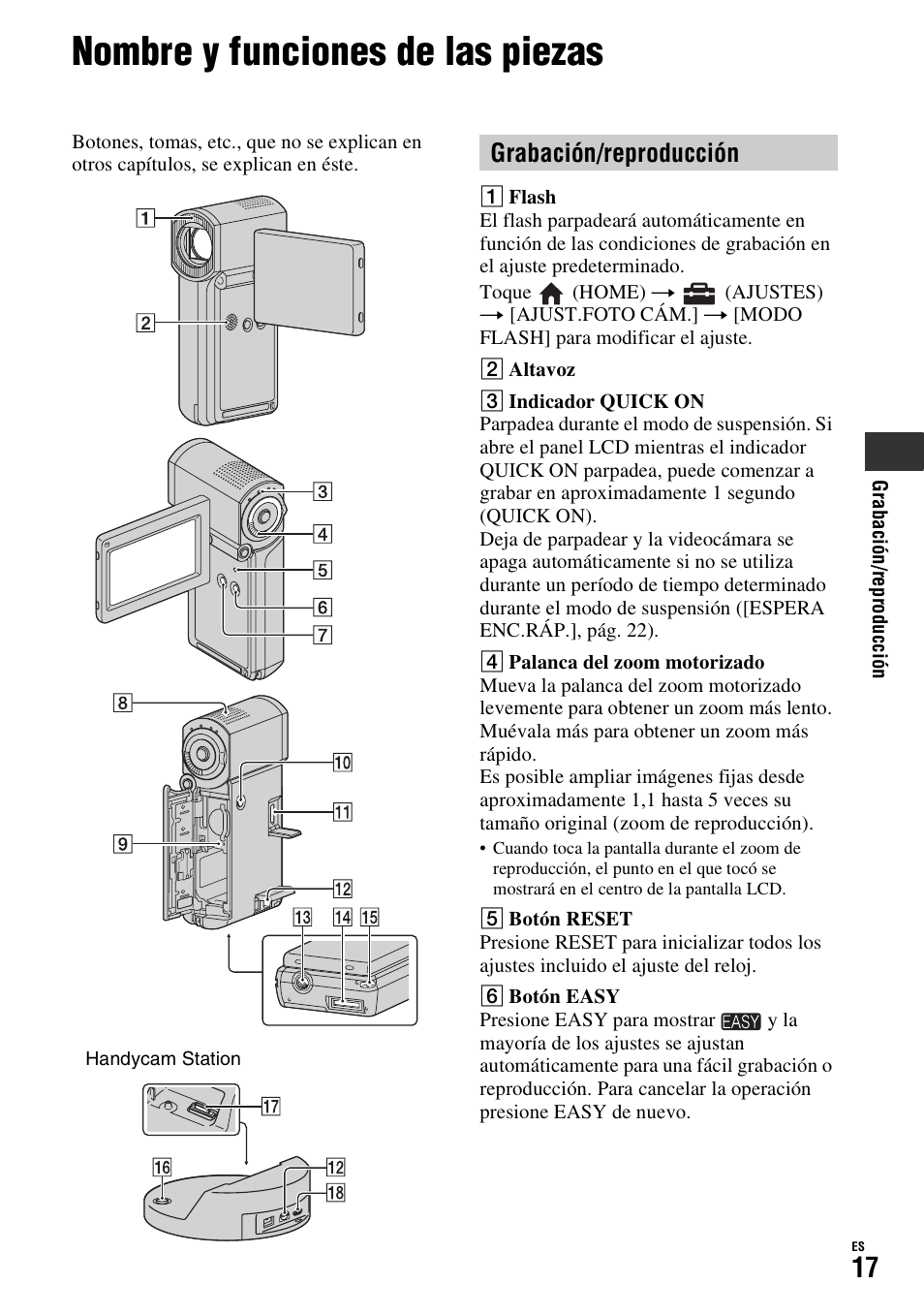 Nombre y funciones de las piezas, Grabación/reproducción | Sony HDR-TG1 User Manual | Page 53 / 76