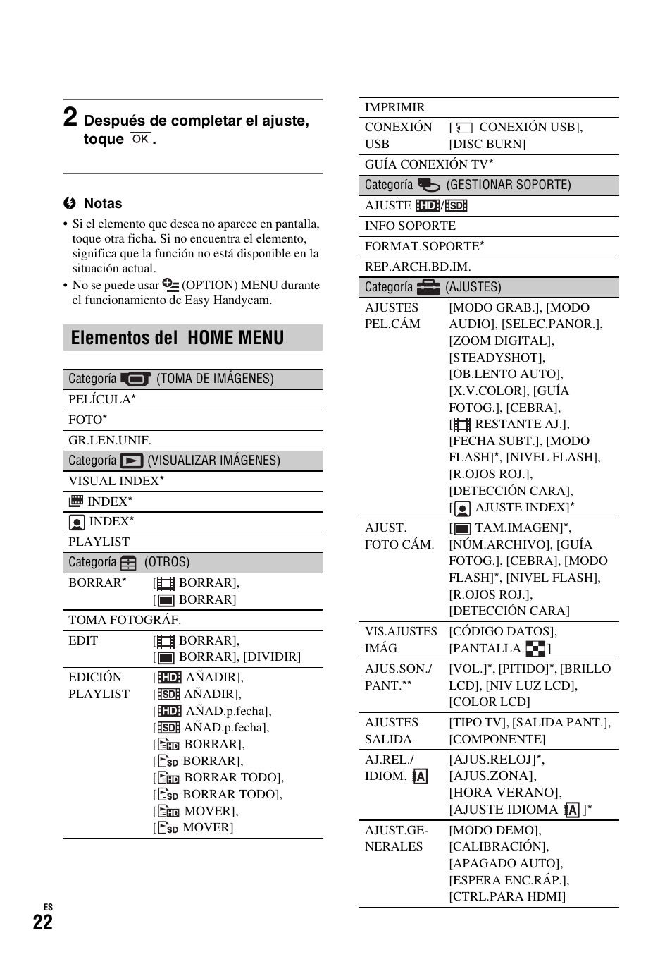 Elementos del home menu | Sony HDR-TG1 User Manual | Page 58 / 76