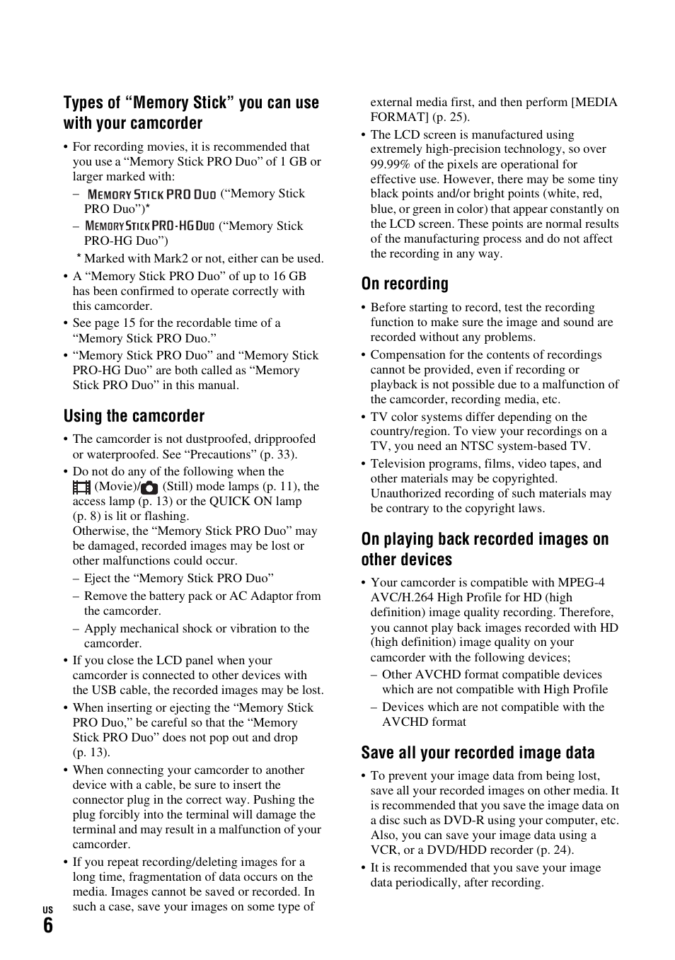 Using the camcorder, On recording, On playing back recorded images on other devices | Save all your recorded image data | Sony HDR-TG1 User Manual | Page 6 / 76