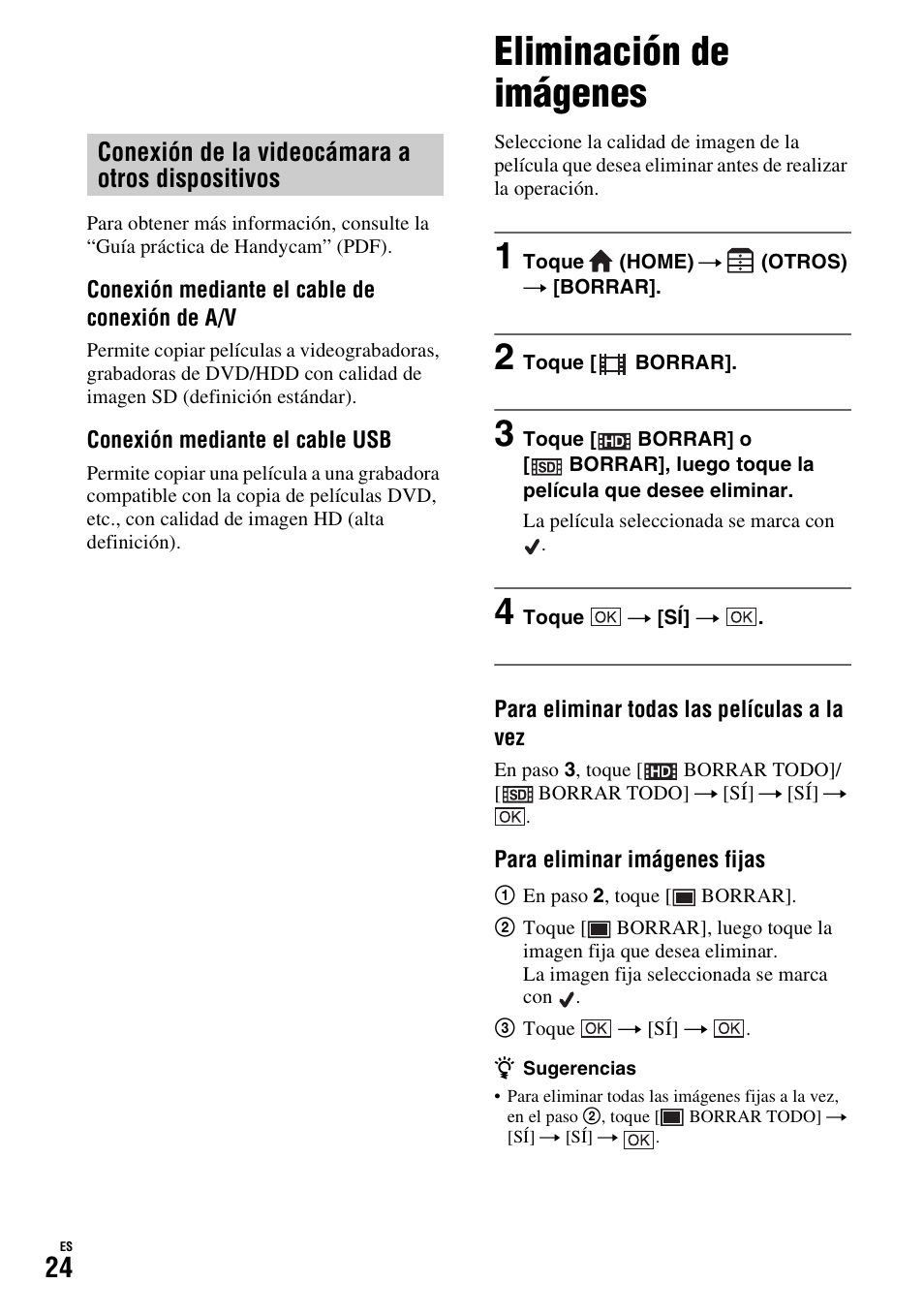 Eliminación de imágenes, Conexión de la videocámara a otros dispositivos | Sony HDR-TG1 User Manual | Page 60 / 76