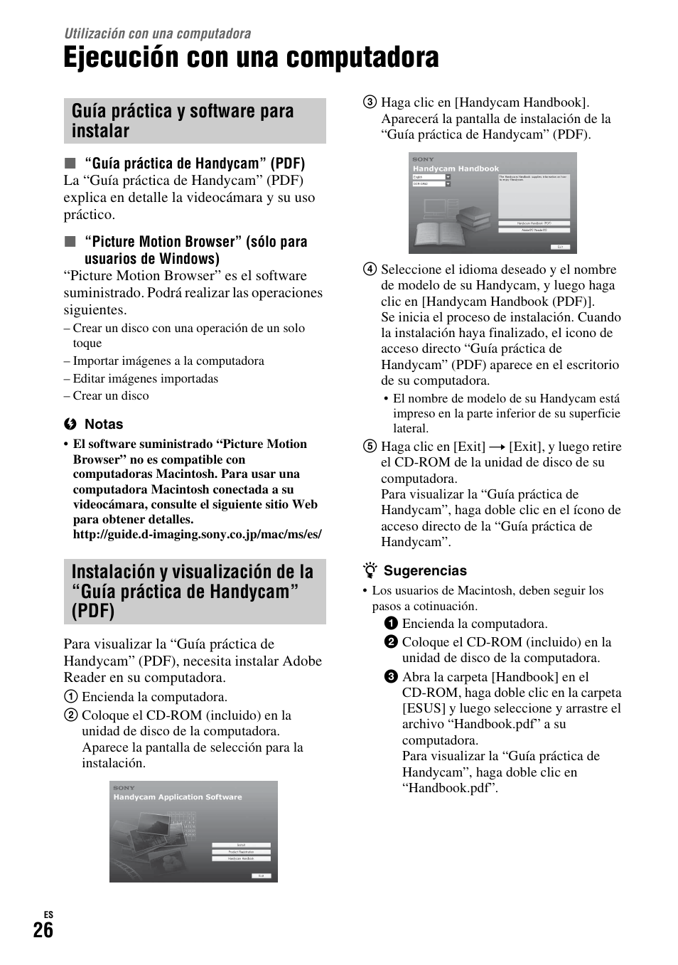 Utilización con una computadora, Ejecución con una computadora, Instalación y visualización de la | Guía práctica de handycam” (pdf) | Sony HDR-TG1 User Manual | Page 62 / 76