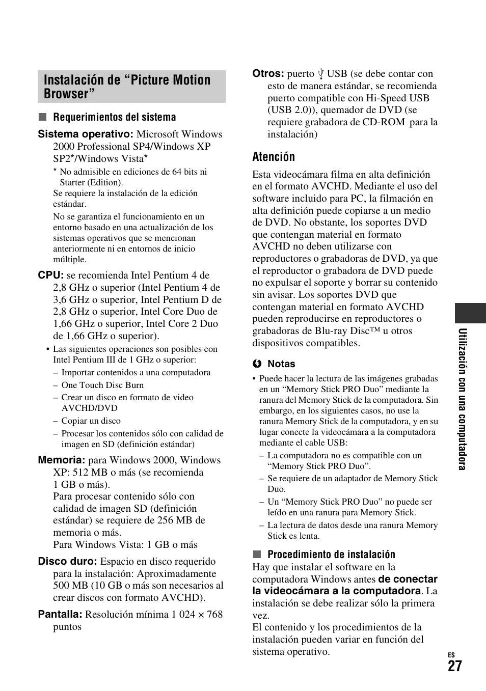 Instalación de “picture motion browser, Instalación de “picture motion, Browser | Atención | Sony HDR-TG1 User Manual | Page 63 / 76