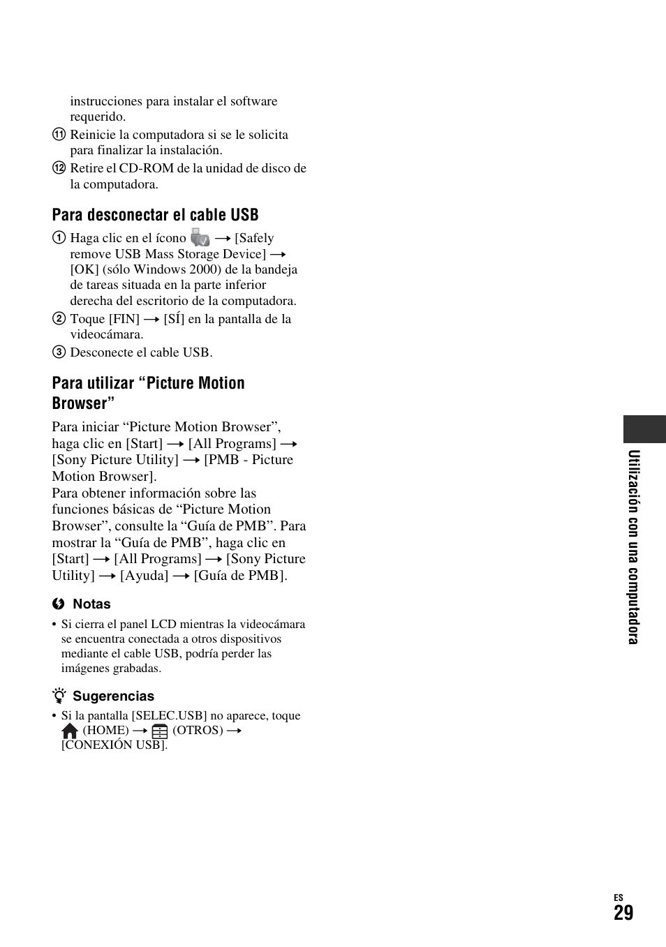 Para desconectar el cable usb, Para utilizar “picture motion browser | Sony HDR-TG1 User Manual | Page 65 / 76