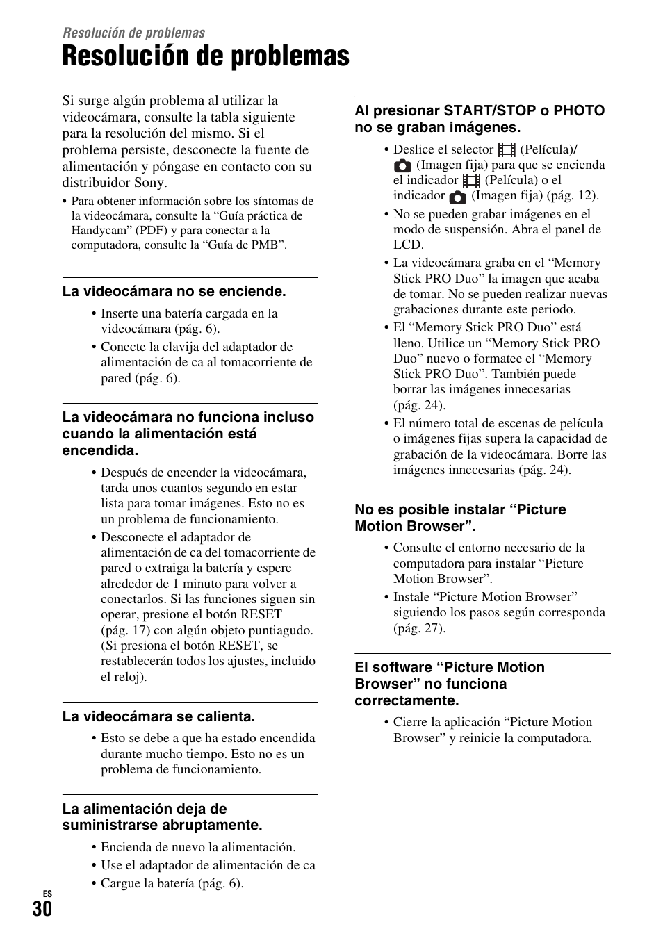 Resolución de problemas | Sony HDR-TG1 User Manual | Page 66 / 76