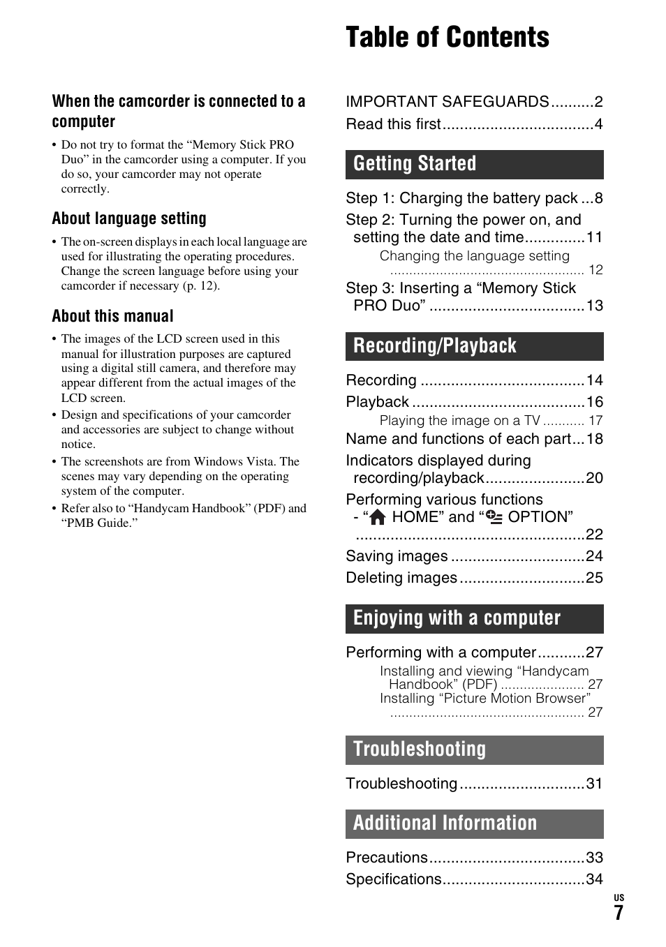 Sony HDR-TG1 User Manual | Page 7 / 76