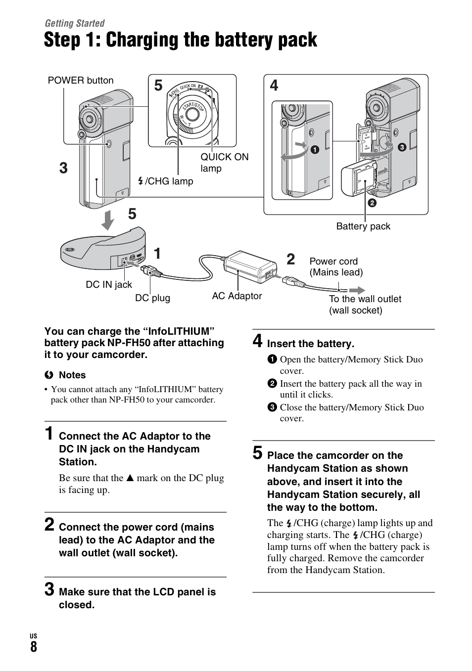 Getting started, Step 1: charging the battery pack, P. 8) | Sony HDR-TG1 User Manual | Page 8 / 76