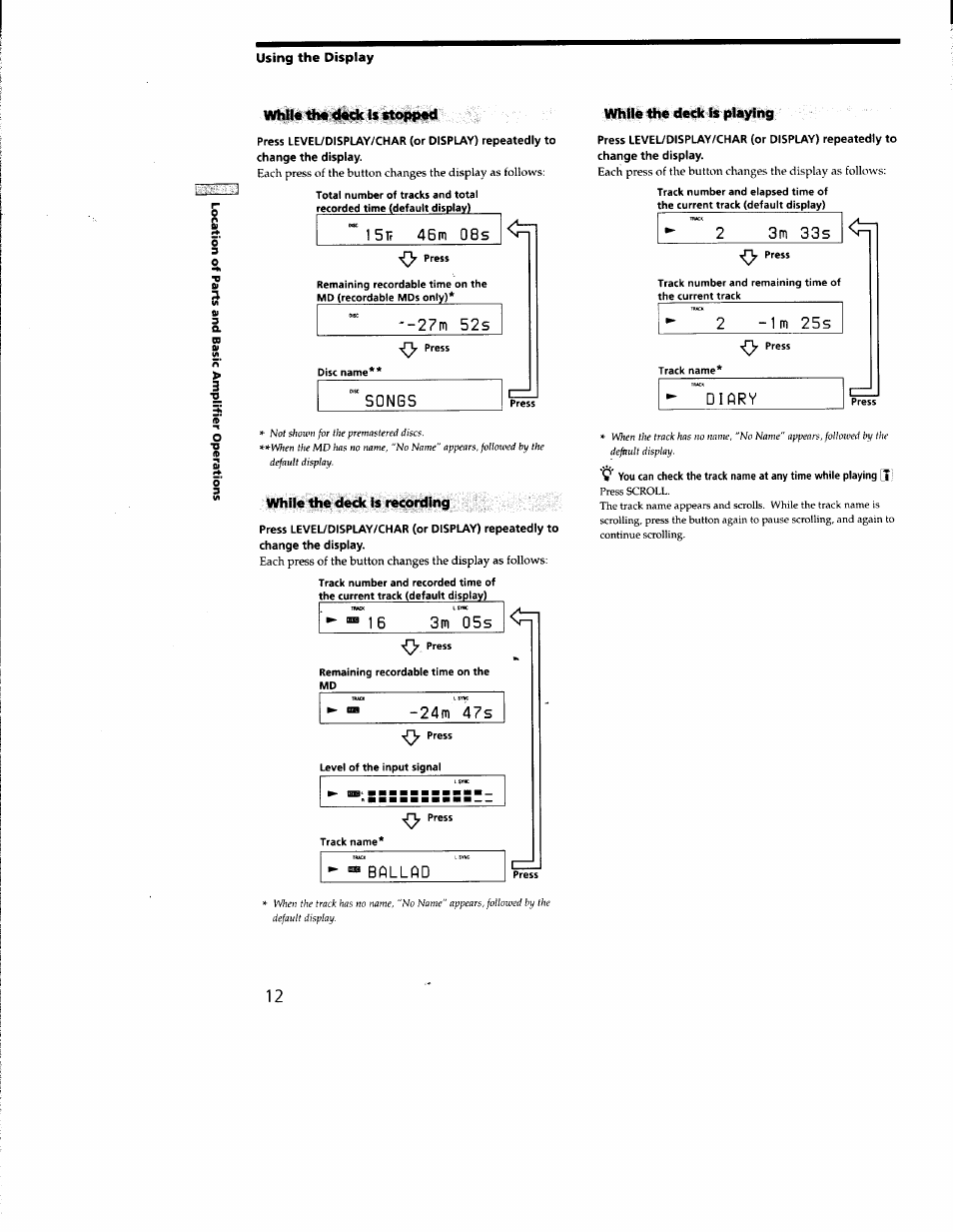 Using the display, While ^ de<ic is stopped, While the deck is playing | While the deck is recording, 2 7 m 5 2 s, 3 m 3 3 s, 1 m 2 5 s, 0 5 s, 2 4 m 4 7 s | Sony MDS-JE330 User Manual | Page 12 / 45