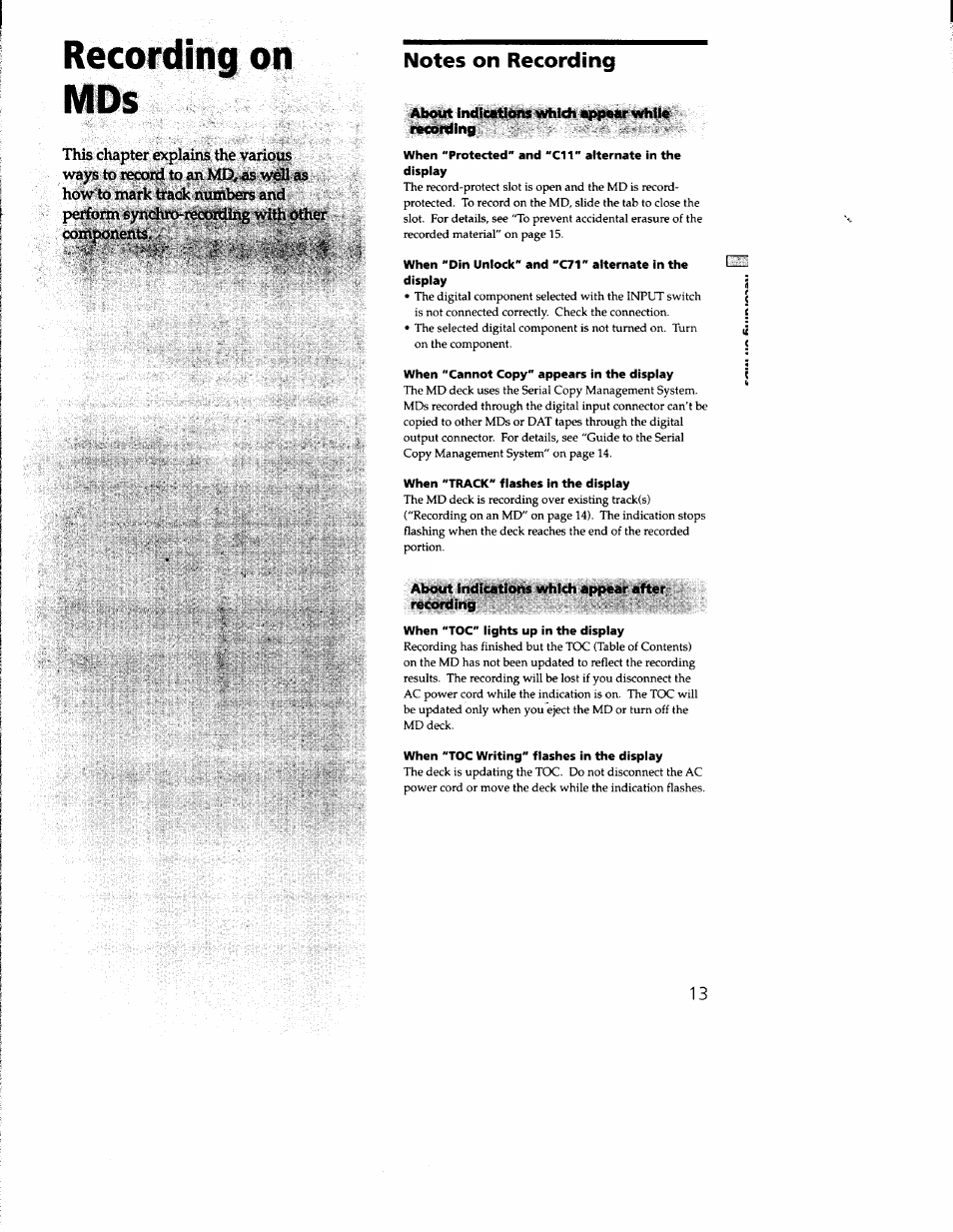 Notes on recording, When "cannot copy" appears in the dispiay, When "track" flashes in the display | About indications which appear after recording, When "toc" lights up in the display, When "toc writing" flashes in the display, Recording on mds | Sony MDS-JE330 User Manual | Page 13 / 45