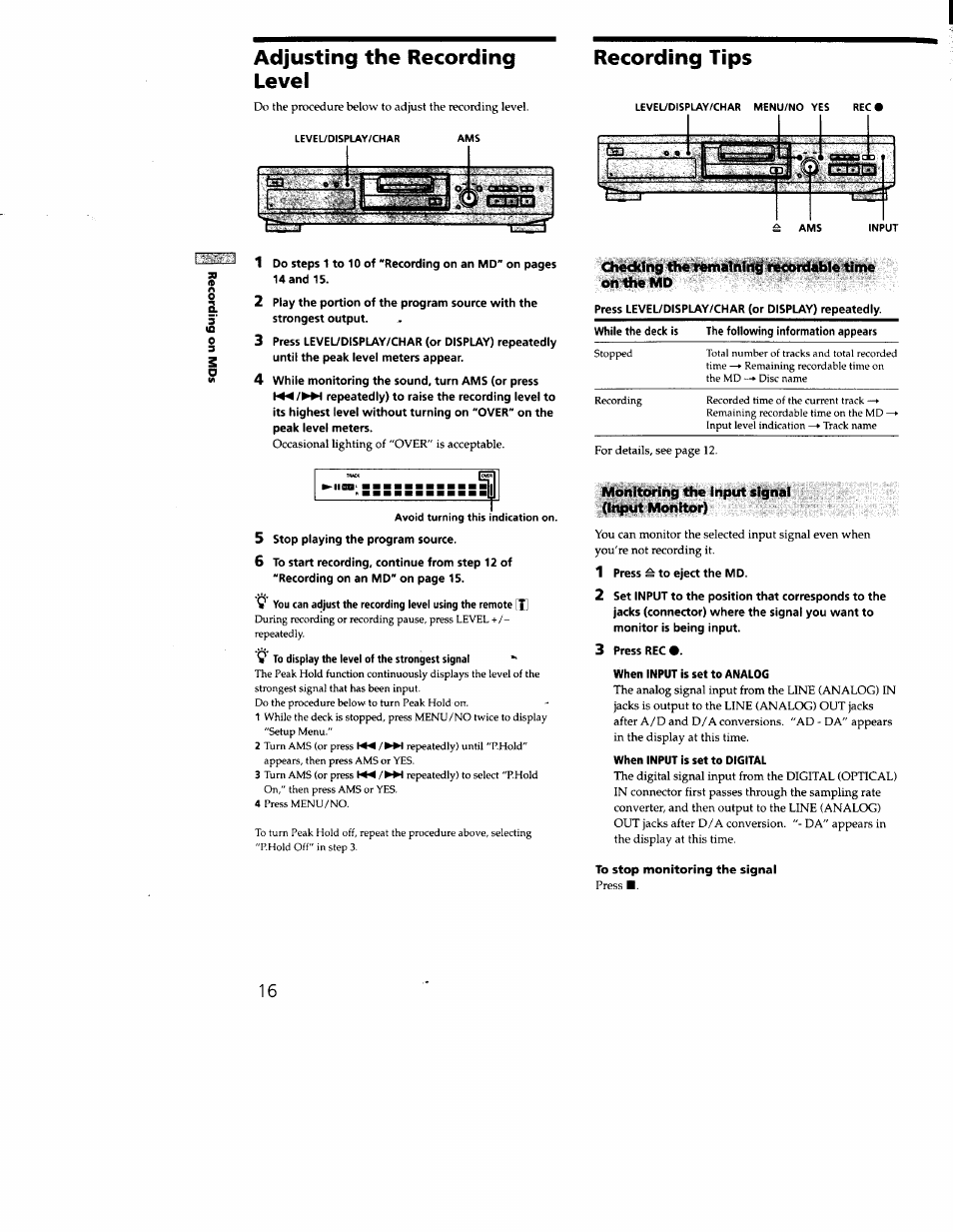 Adjusting the recording level, Recording tips, Oiedkfng tii«y(mna1nii«^4i^rd«bl« time on the md | Monitoring the input signai (input monitor) | Sony MDS-JE330 User Manual | Page 16 / 45