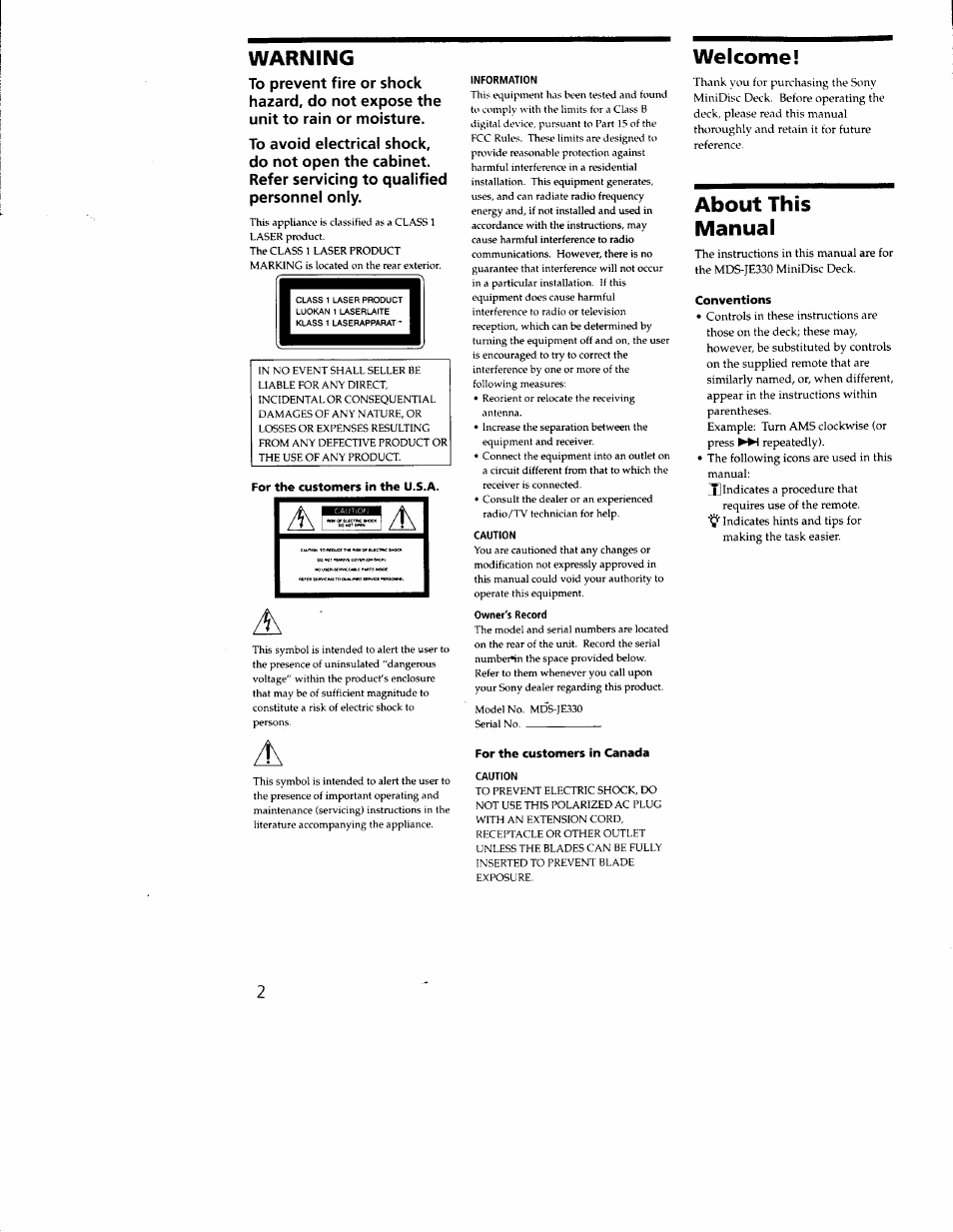 Warning, For the customers in the u.s.a, For the customers in canada | Welcome, About this manual, Conventions | Sony MDS-JE330 User Manual | Page 2 / 45