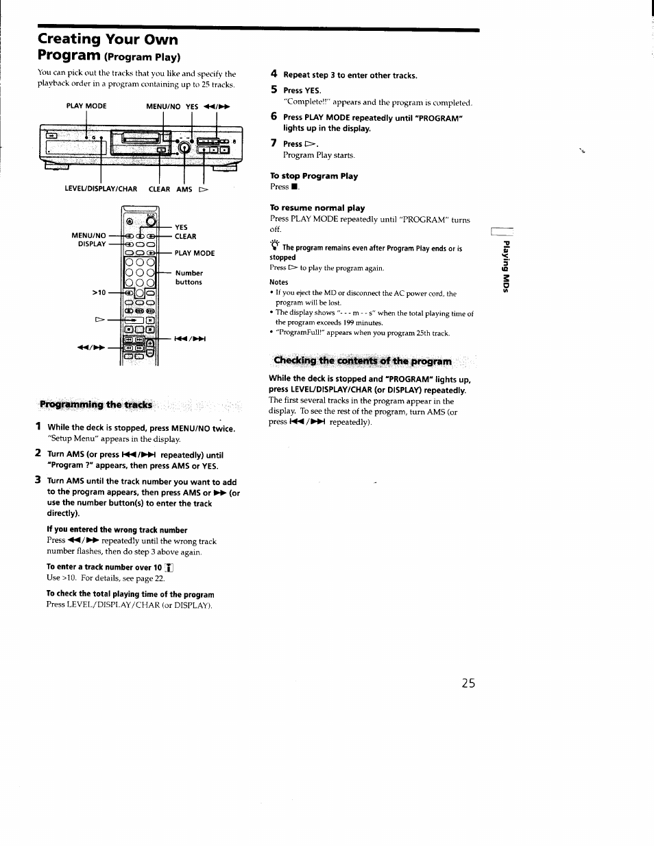 Programming the tracks, Checking the contents of the program, Creating your own | Program (program play) | Sony MDS-JE330 User Manual | Page 25 / 45