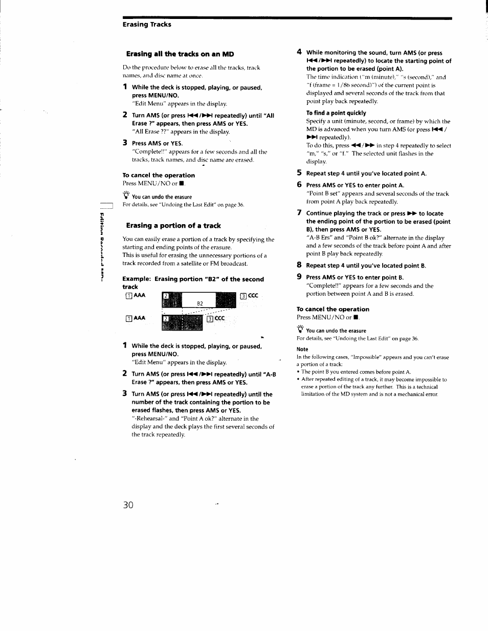 Erasing all the tracks on an md, To cancel the operation, Erasing a portion of a track | Example: erasing portion "b2" of the second track | Sony MDS-JE330 User Manual | Page 30 / 45