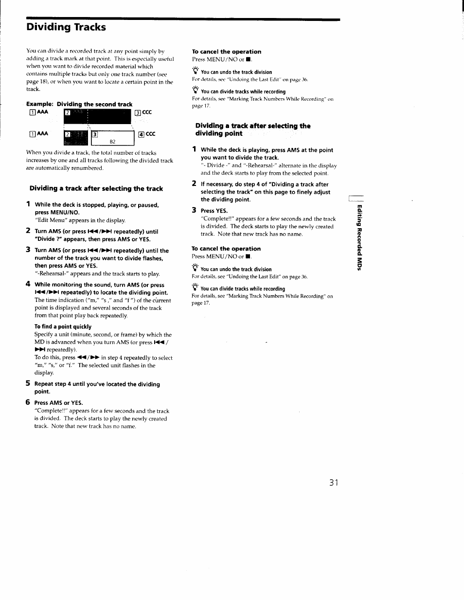 Dividing tracks, Dividing a track after selecting the track | Sony MDS-JE330 User Manual | Page 31 / 45