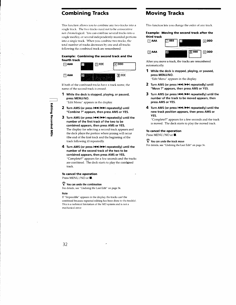 Combining tracks, Moving tracks, Combining tracks moving tracks | Sony MDS-JE330 User Manual | Page 32 / 45