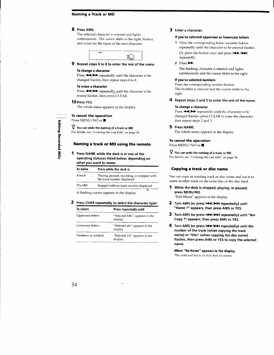 Naming a track or md using the remote, Copying a track or disc name | Sony MDS-JE330 User Manual | Page 34 / 45