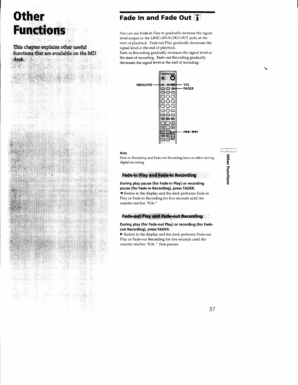 Other, Functions, Fade in and fade out [t | Fade-in play and fade-in recording, Fade-out play and fade-out recording, Fade in and fade out | Sony MDS-JE330 User Manual | Page 37 / 45