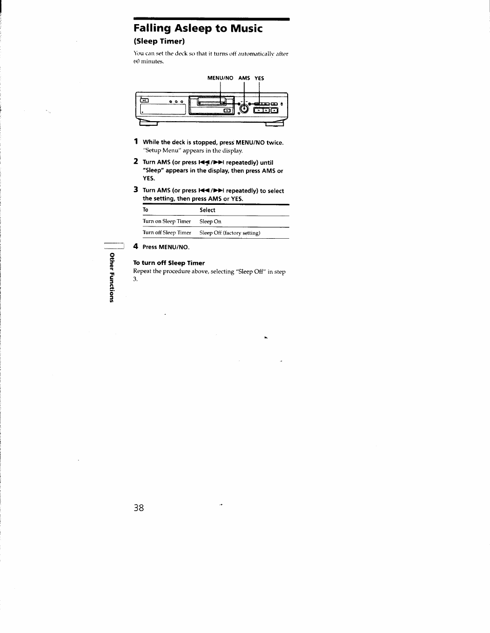 Falling asleep to music, Sleep timer) | Sony MDS-JE330 User Manual | Page 38 / 45