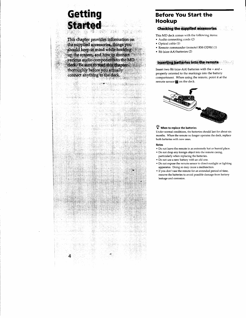 Getting, Started, Before you start the hookup | Checking the supplied eceessories, Inserting batteries into the remote, Getting started | Sony MDS-JE330 User Manual | Page 4 / 45