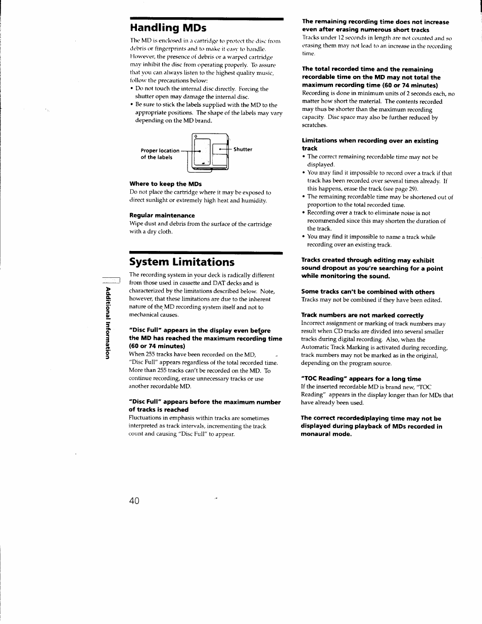 Handling mds, System limitations | Sony MDS-JE330 User Manual | Page 40 / 45