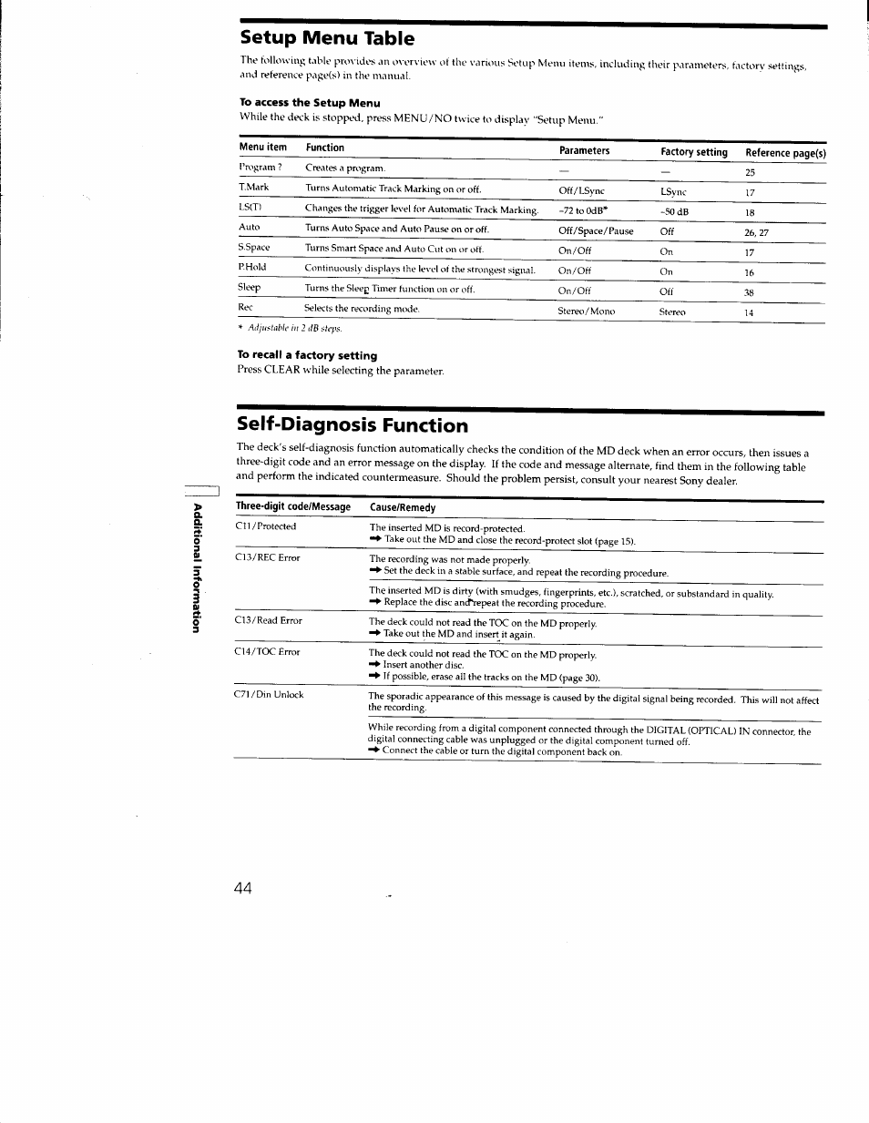 Setup menu table, To access the setup menu, To recall a factory setting | Self-diagnosis function, Three-digit code/message cause/remedy | Sony MDS-JE330 User Manual | Page 44 / 45