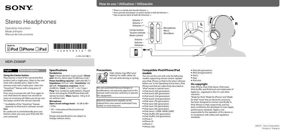 Sony MDR-ZX300IP User Manual | 2 pages