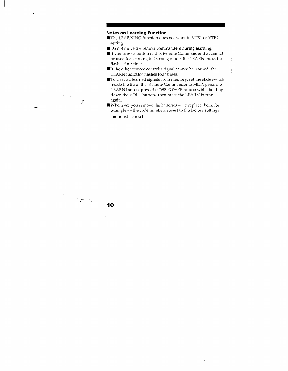 Notes on learning function | Sony RM-Y130 User Manual | Page 10 / 20