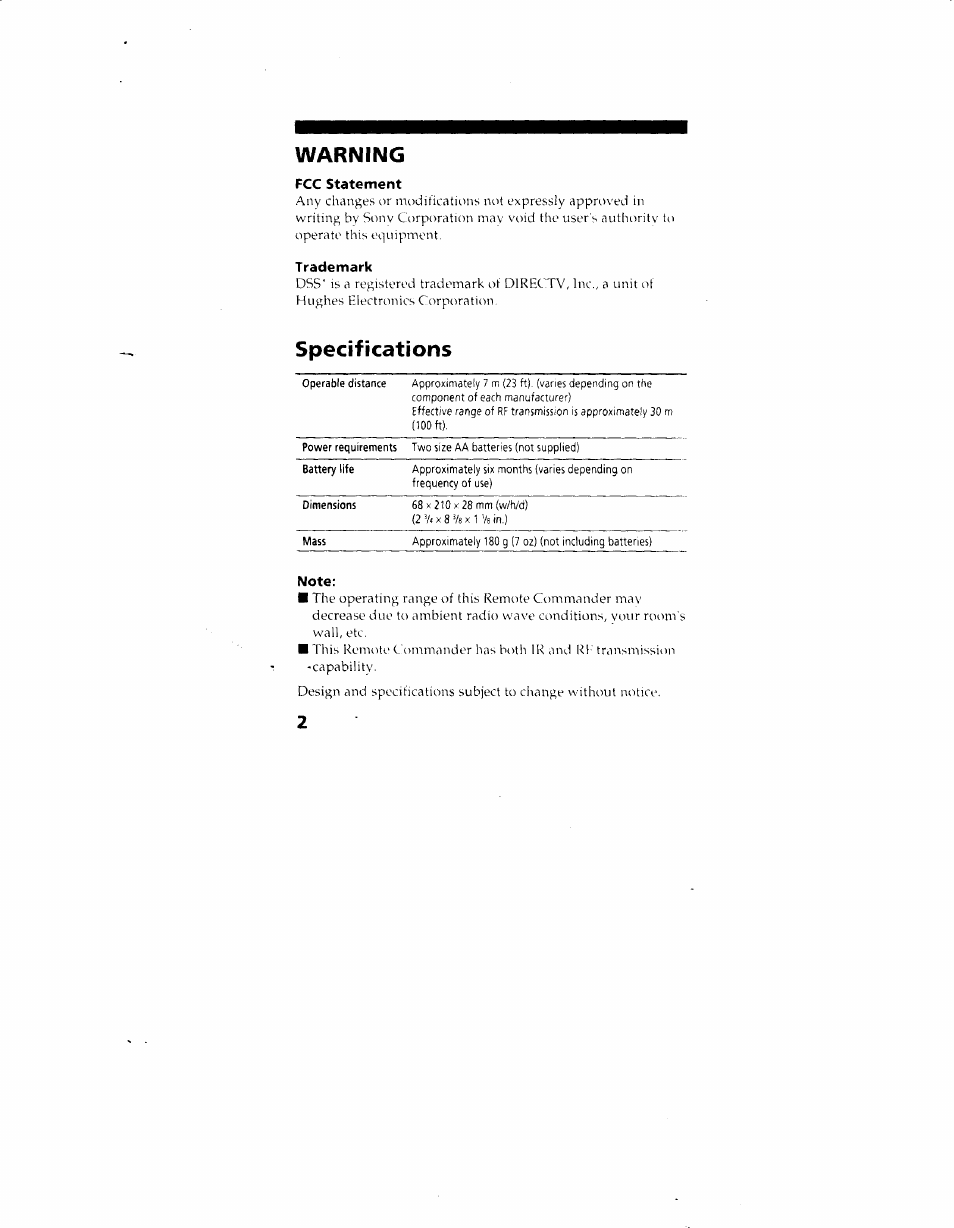Warning, Fcc statement, Trademark | Specifications, Note | Sony RM-Y130 User Manual | Page 2 / 20
