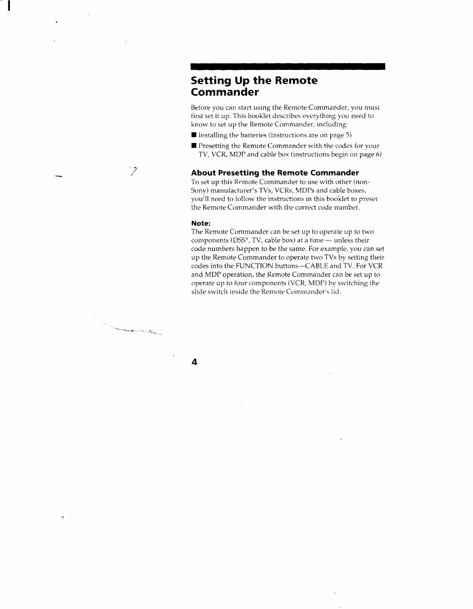 Setting up the remote commander, About presetting the remote commander, Note | Using the remote commander, Notes on using the remote commander | Sony RM-Y130 User Manual | Page 4 / 20