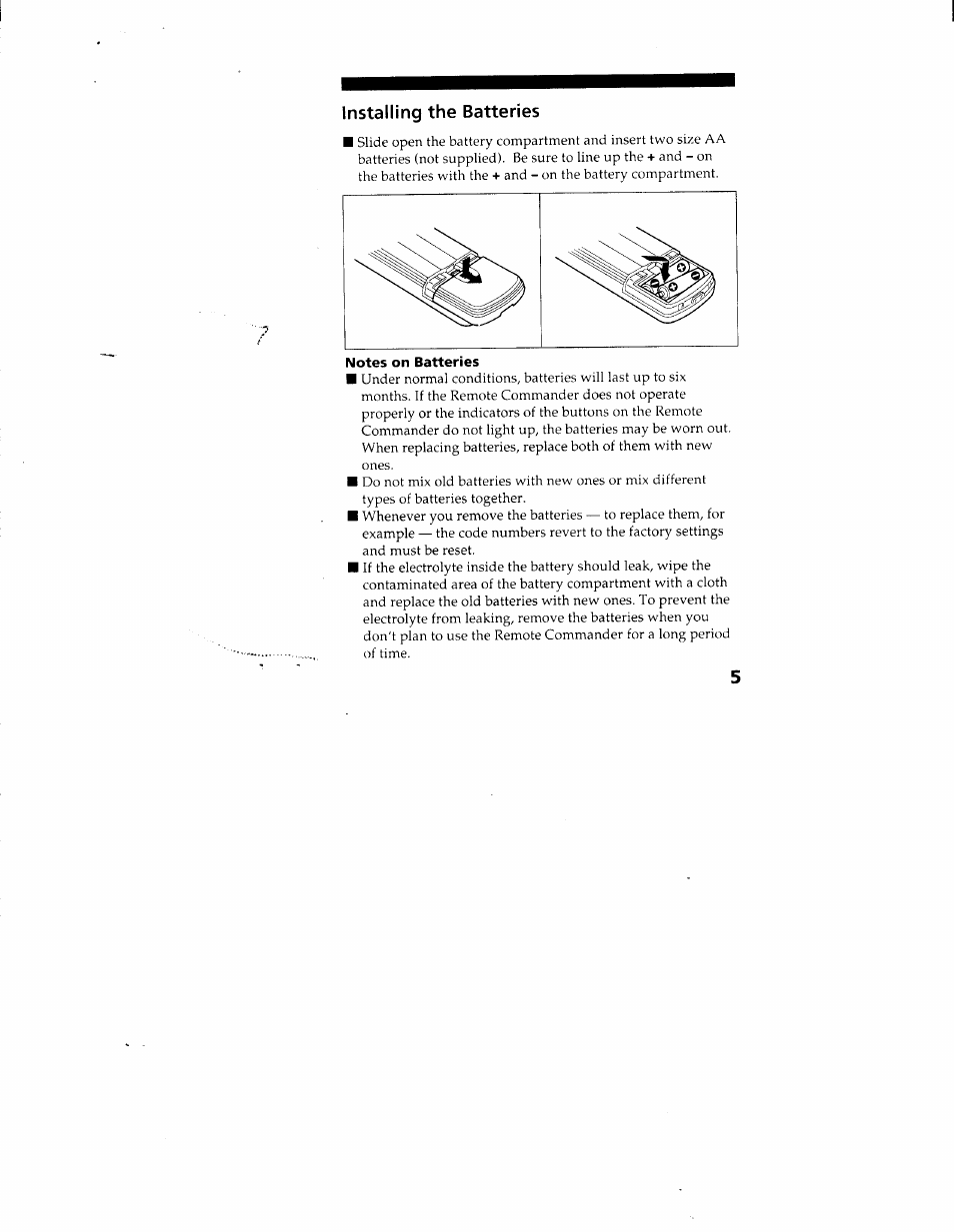 Notes on batteries, Installing the batteries | Sony RM-Y130 User Manual | Page 5 / 20