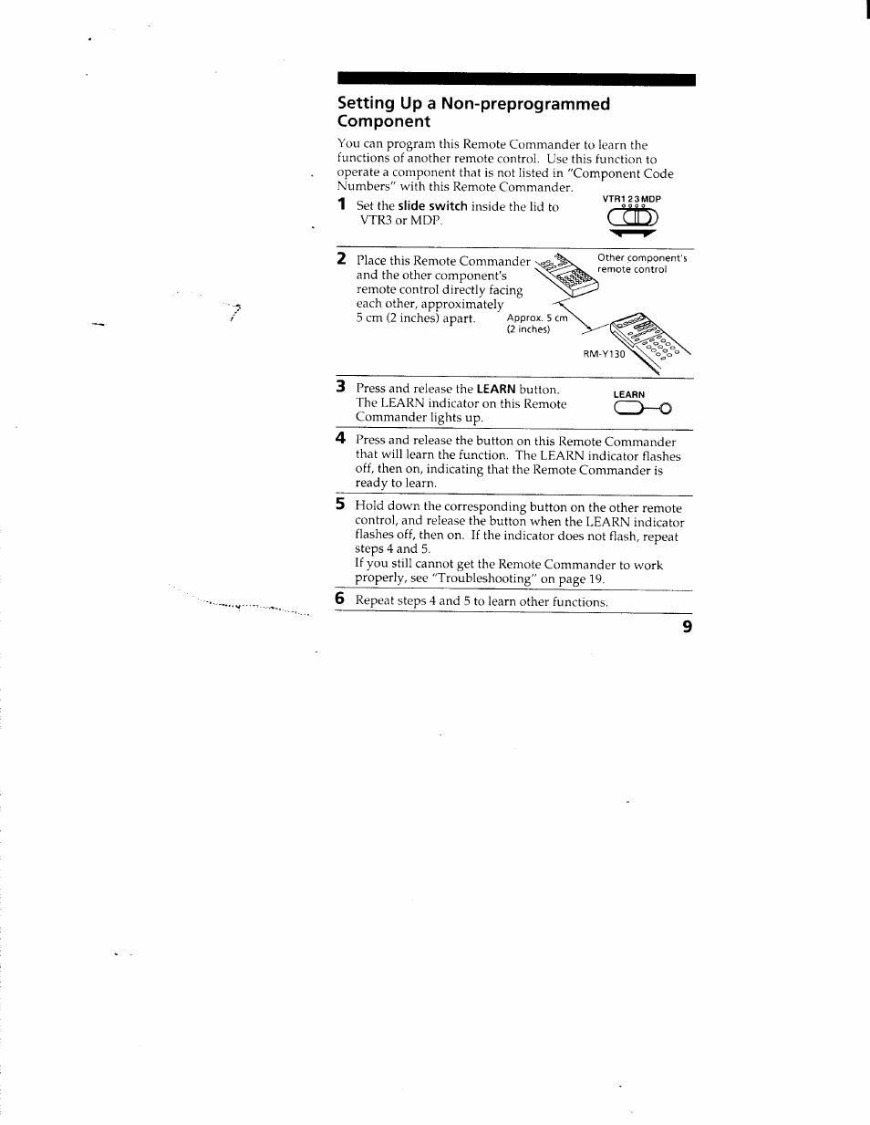 Cd-o, Setting up a non-preprogrammed component | Sony RM-Y130 User Manual | Page 9 / 20