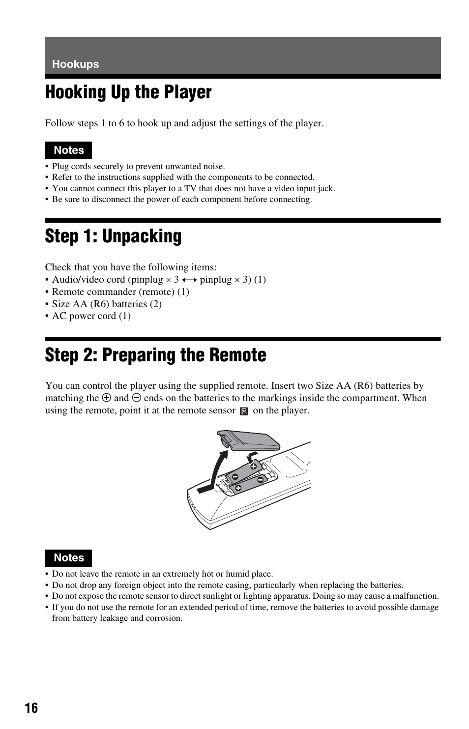 Hookups, Hooking up the player, Step 1: unpacking | Step 2: preparing the remote, Te sensor) (16) | Sony DVP-NS9100ES User Manual | Page 16 / 96