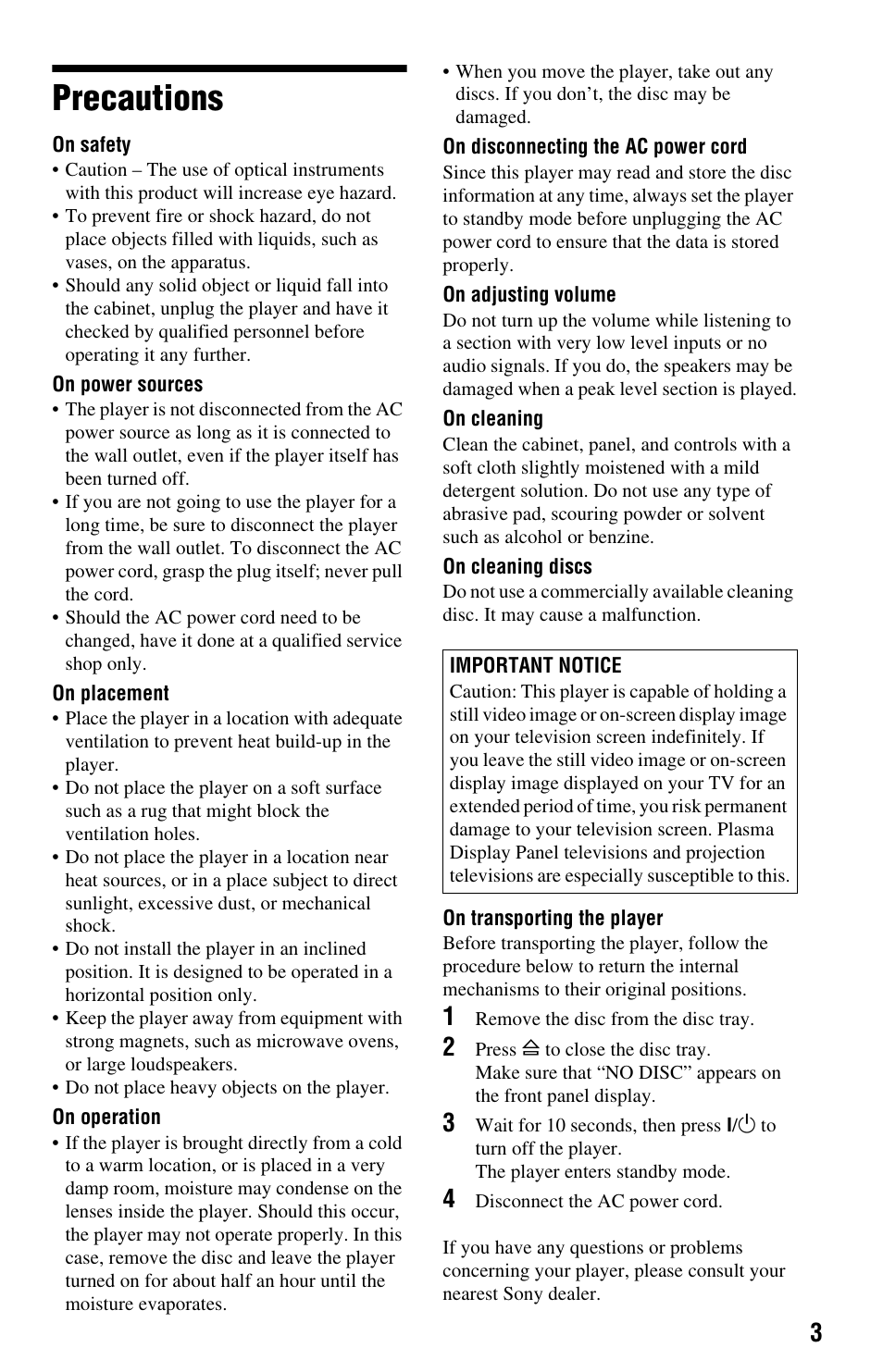 Precautions | Sony DVP-NS9100ES User Manual | Page 3 / 96