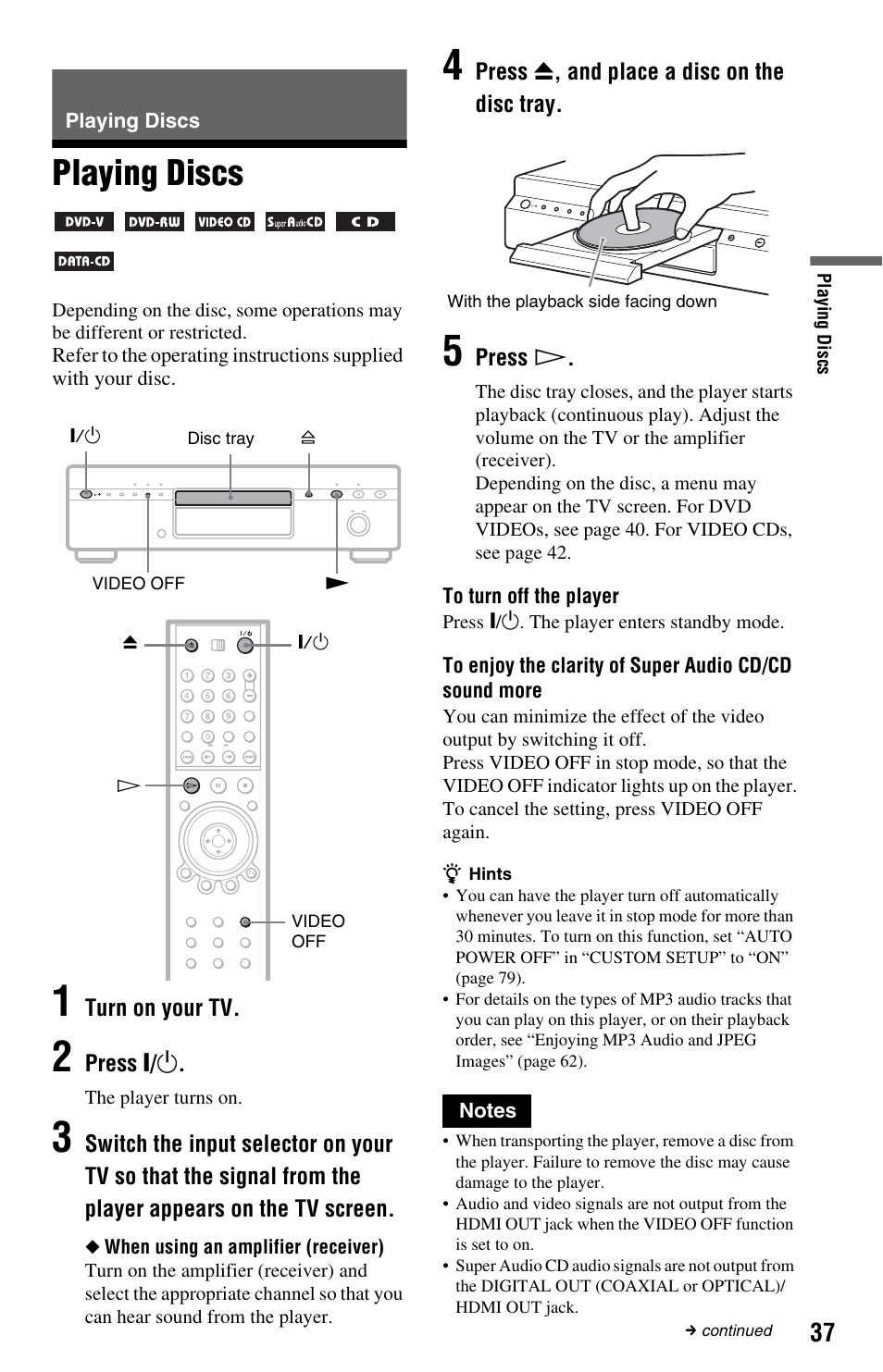 Playing discs, Ay (37), Open/close) button (37) | Button (37), Ff button (37) | Sony DVP-NS9100ES User Manual | Page 37 / 96