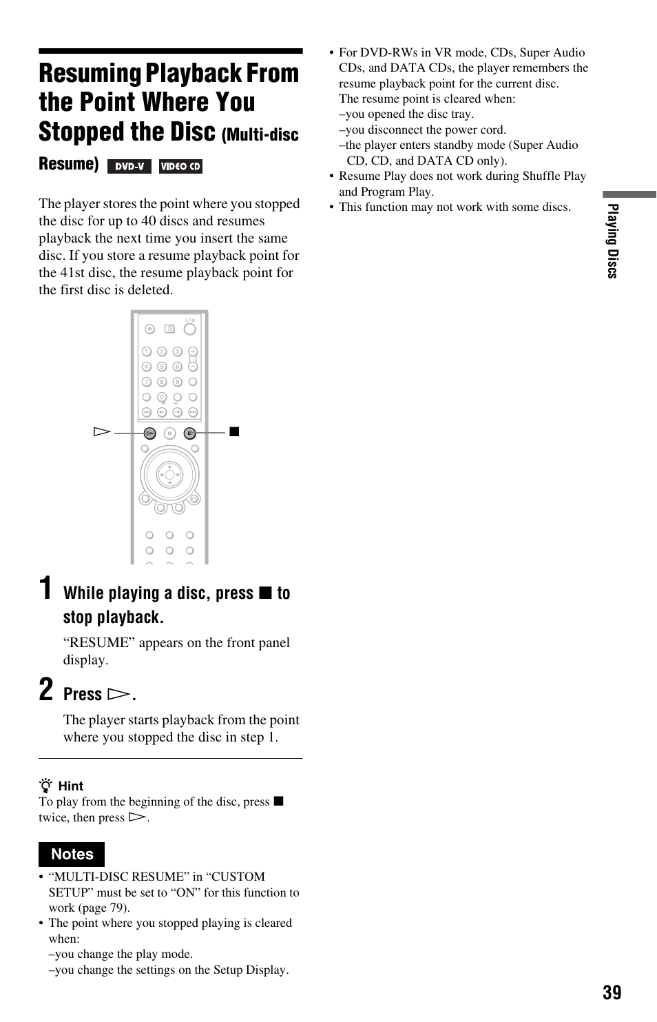 Multi-disc resume) | Sony DVP-NS9100ES User Manual | Page 39 / 96