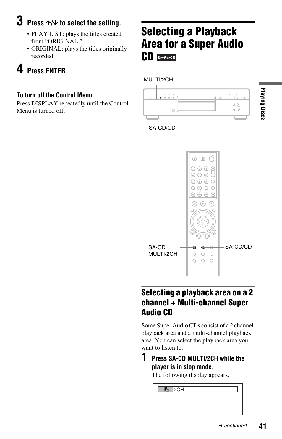 Selecting a playback area for a super audio cd | Sony DVP-NS9100ES User Manual | Page 41 / 96